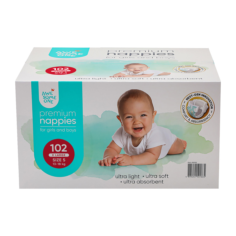 Awesome One Size 5 102PK Ultra Absorbent Hypoallergenic Baby Nappies