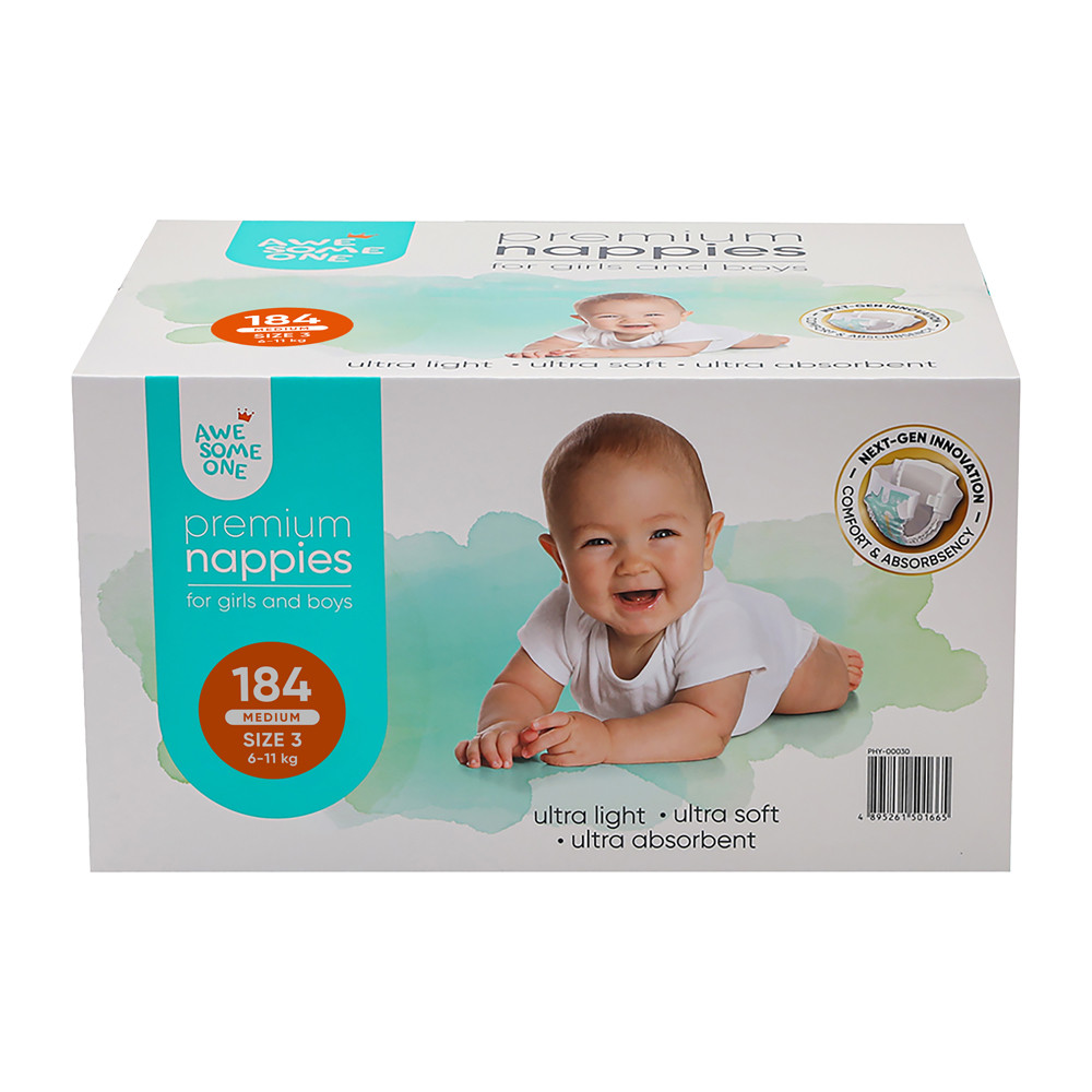 Awesome One Size 3 184PK Ultra Absorbent Hypoallergenic Baby Nappies