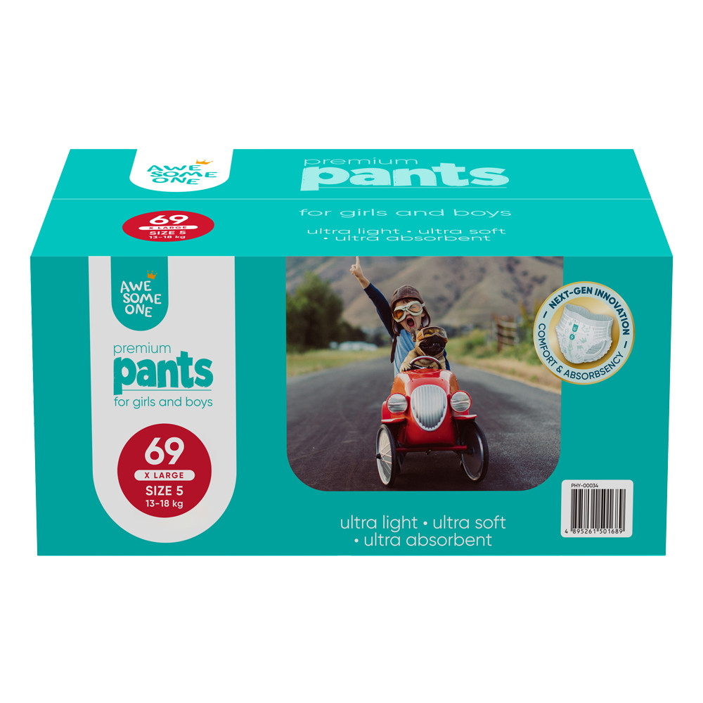 Awesome One Size 5 69PK Ultra Absorbent Hypoallergenic Baby Nappy Pants