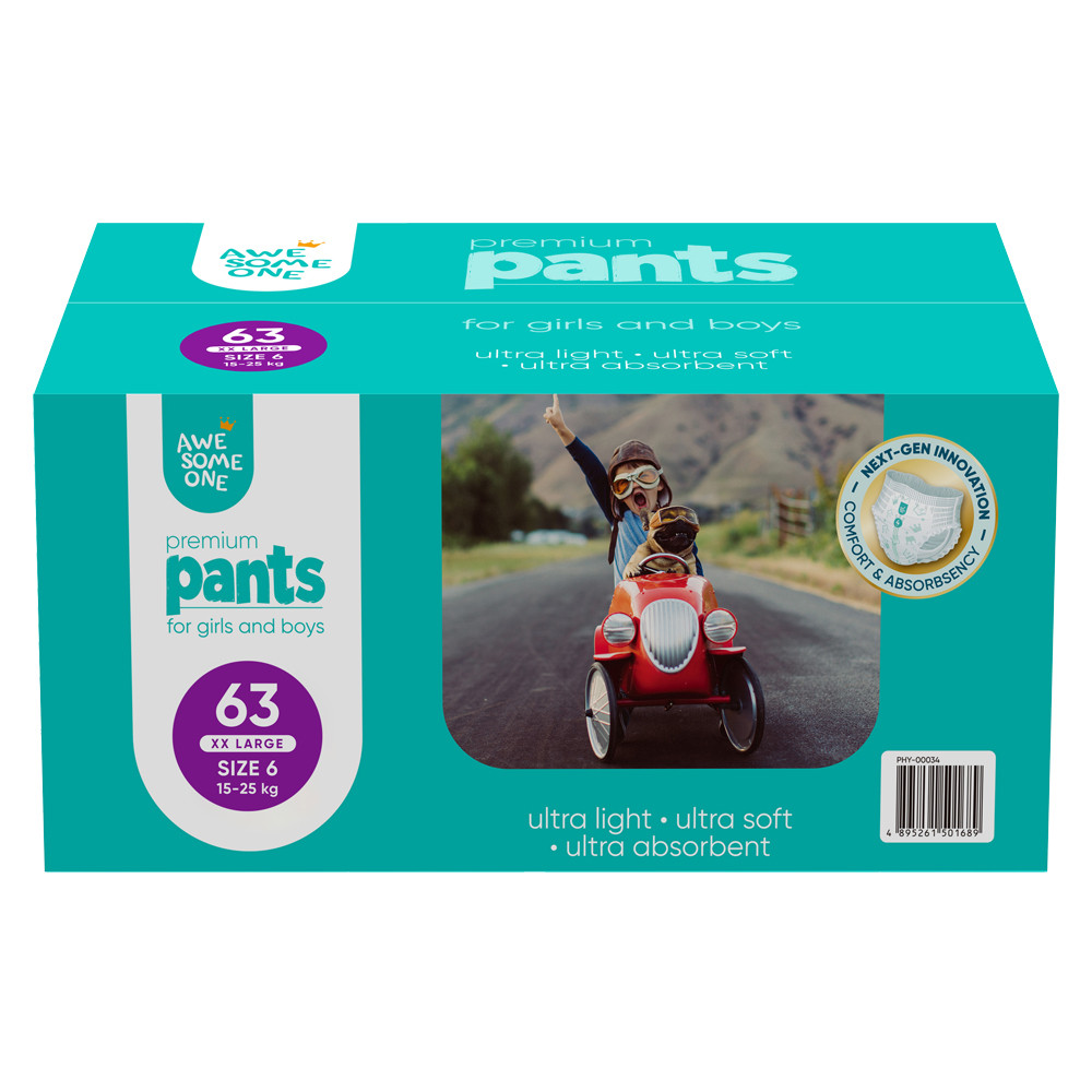 Awesome One Size 6 63PK Ultra Absorbent Hypoallergenic Baby Nappy Pants