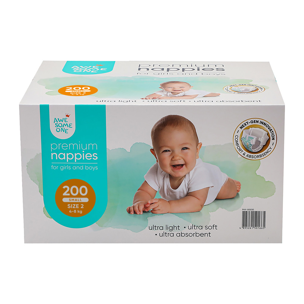 Awesome One Size 2 200PK Ultra Absorbent Hypoallergenic Baby Nappies