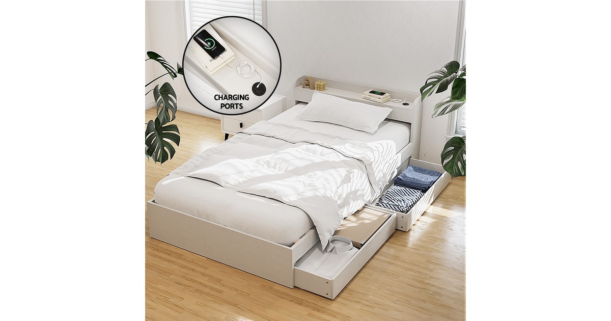 Artiss Bed Frame Single Size with Charging Ports and 2 Drawers AURA ...