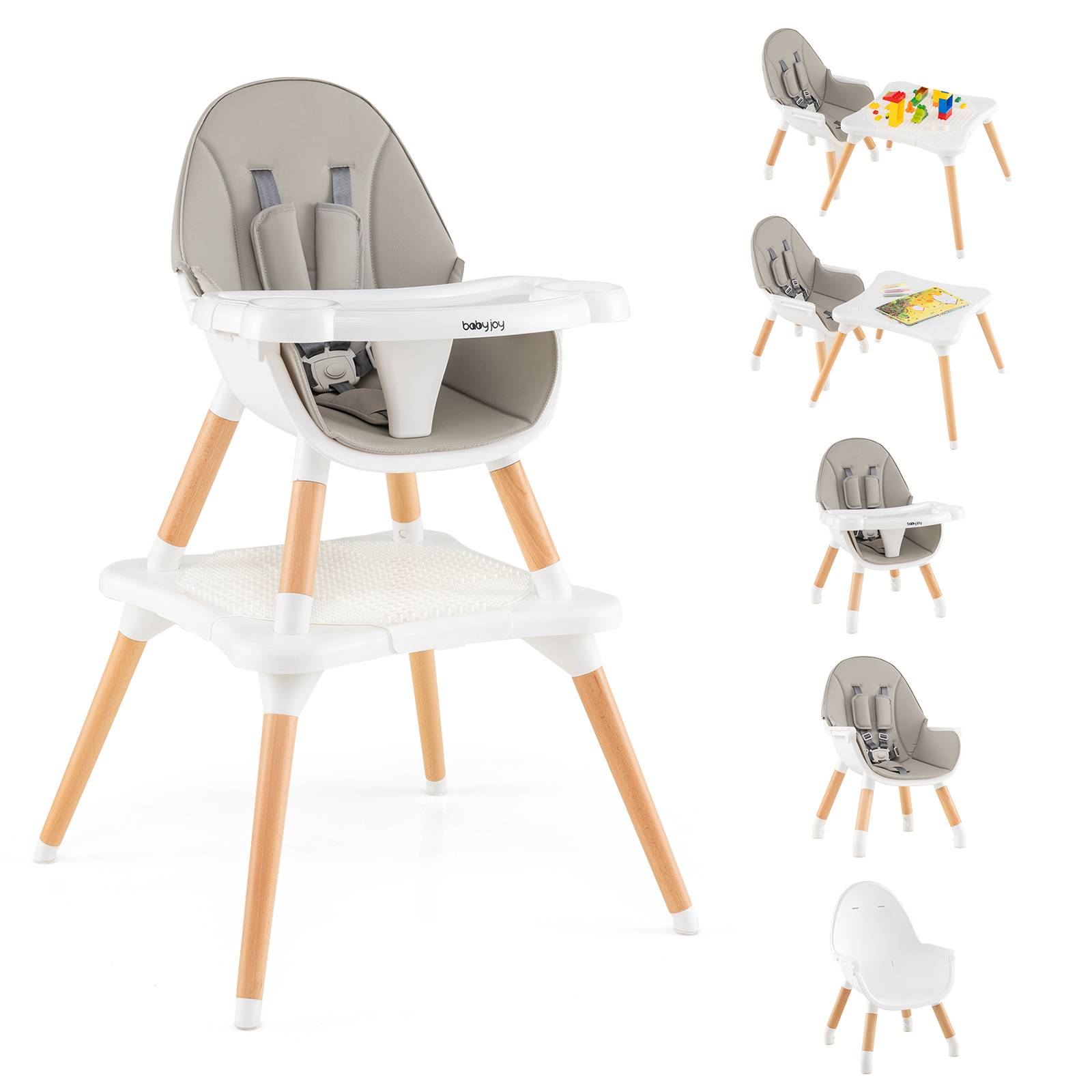 Baby Joy 6-in-1 Convertible Baby High Chair Wooden Highchair Feeding Chair w/Building Block Grey