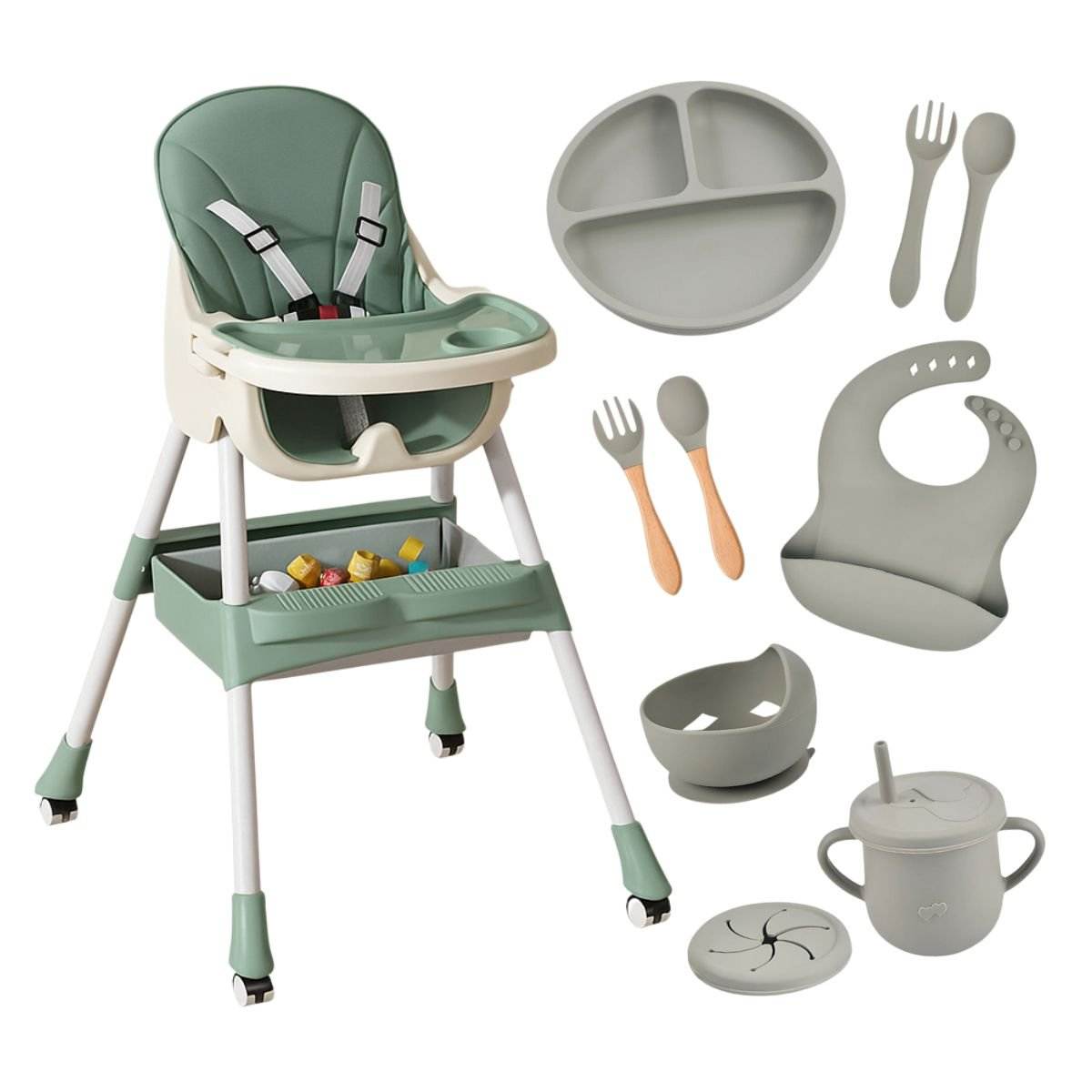 Toddly FlexiGrow 4-in-1 Baby Highchair with Silicone Feeding Set, Sage Green
