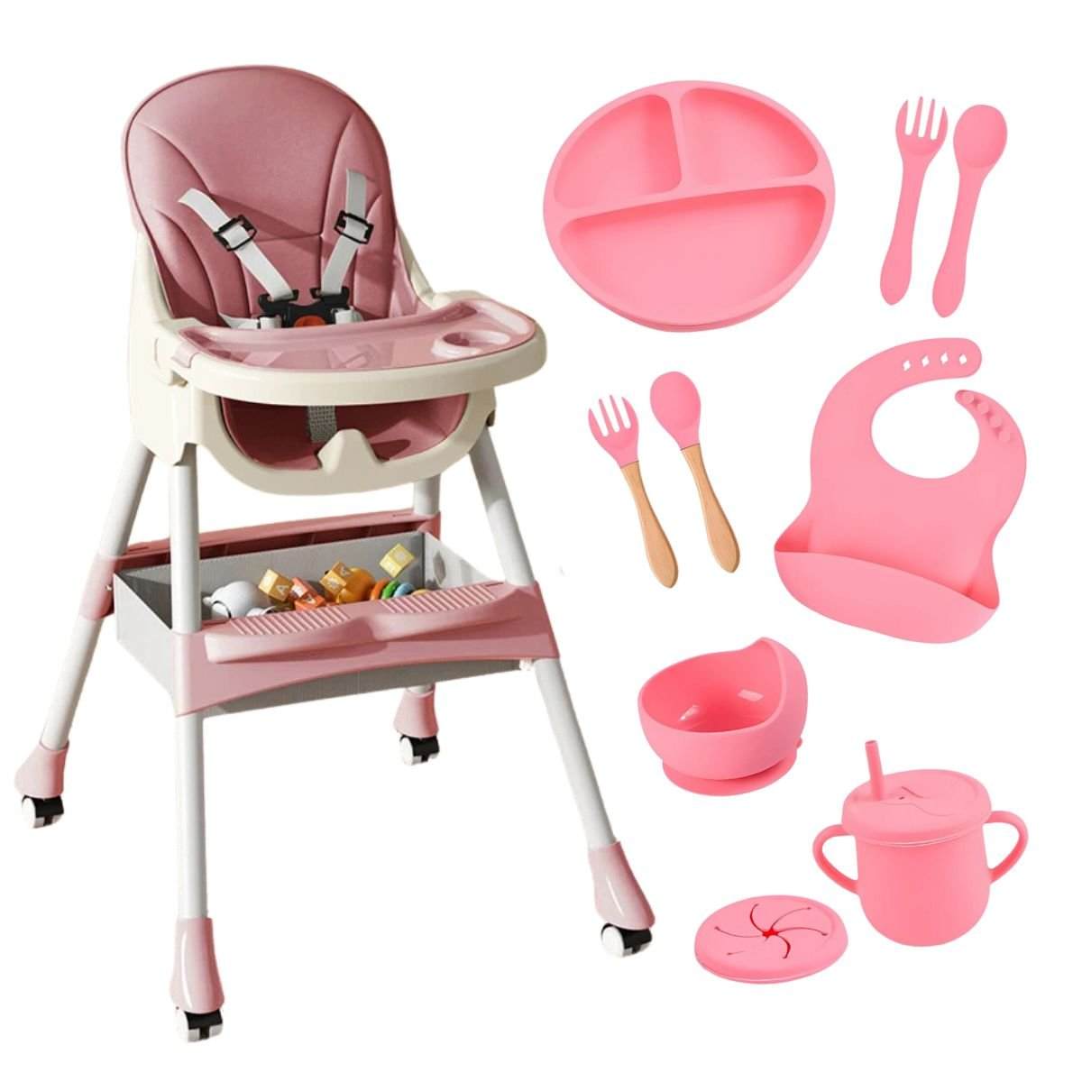 Toddly FlexiGrow 4-in-1 Baby Highchair with Silicone Feeding Set, Rose Pink