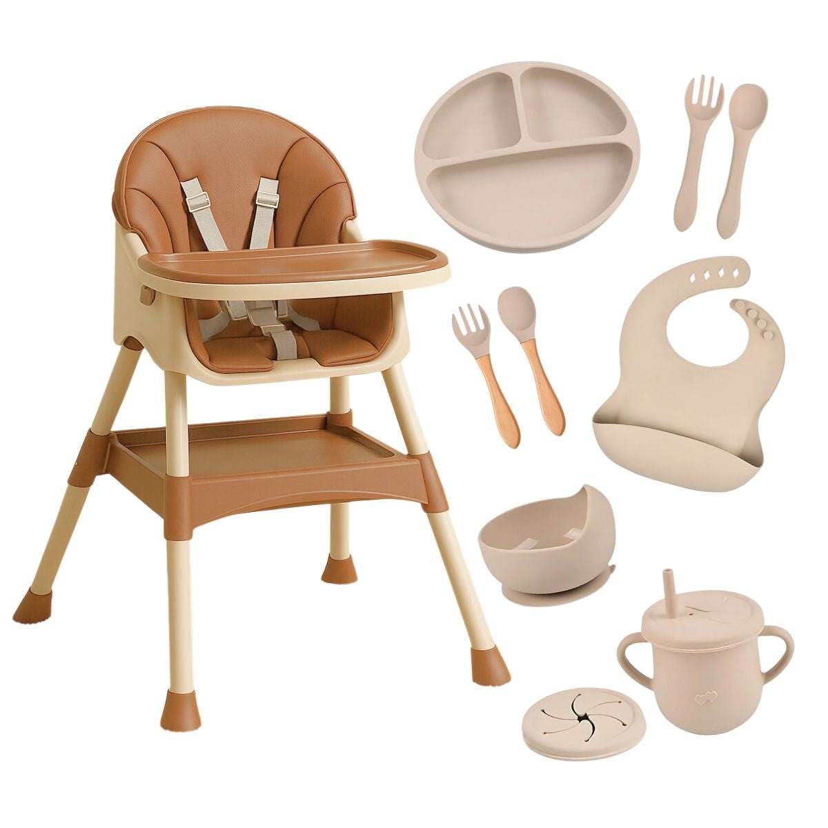 Toddly FlexiGrow 4-in-1 Baby Highchair with Silicone Feeding Set, Mocha Brown