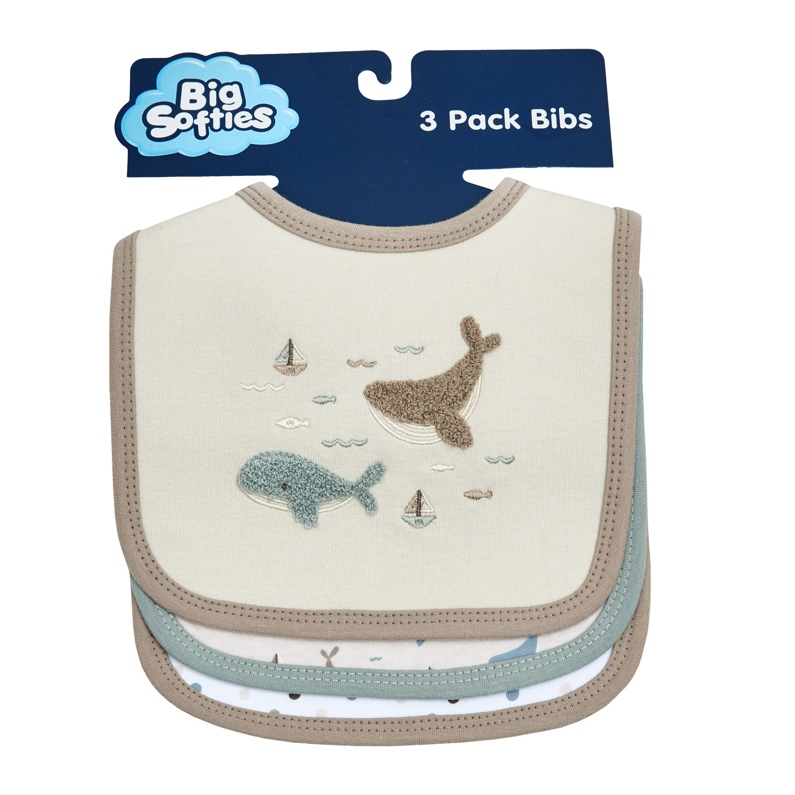 Big Softies 3 Pack Applique And Printed Bibs, Blue