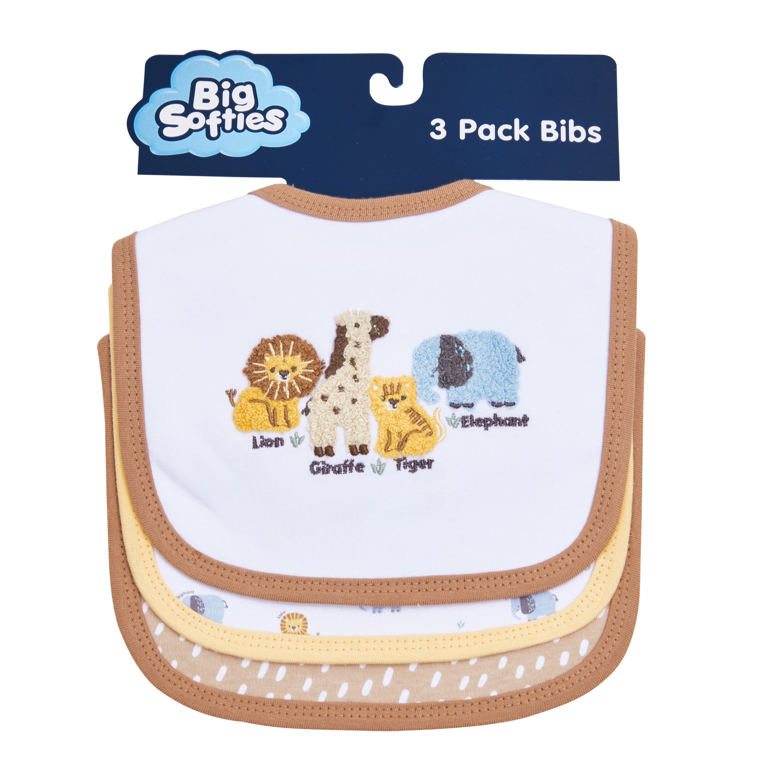 Big Softies 3 Pack Applique And Printed Bibs, Safari