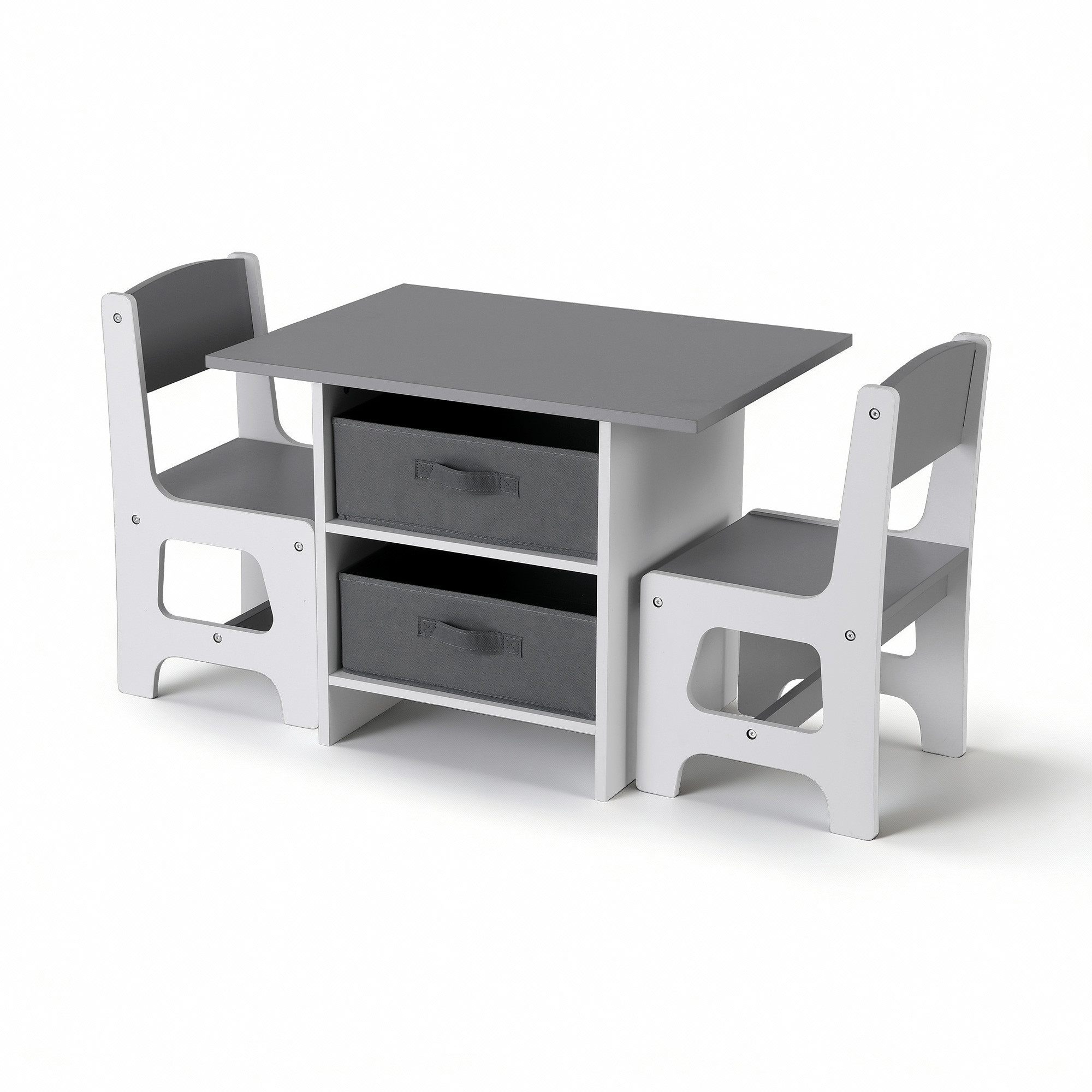 Keezi Kids Wooden Table and 2 Chairs Set with 2 Storage Drawers, Grey