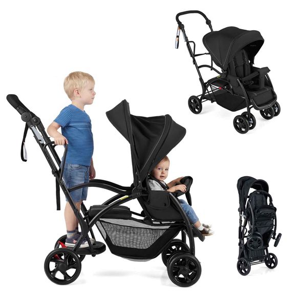 Baby Joy Sit & Stand Foldable Stroller with Storage Push Car and Wristband 5-Point Harness Canopy - Black