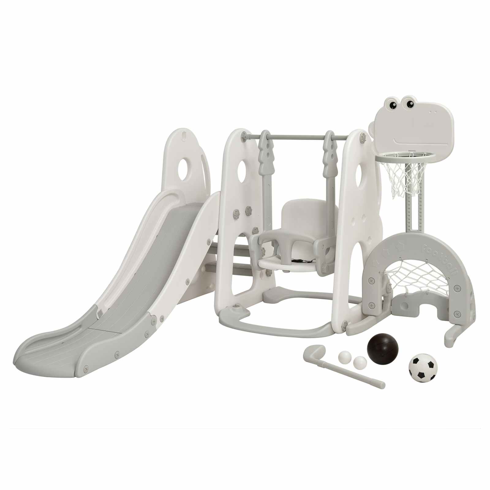 Baby Joy All-in-1 Climb, Slide, Swing Playset with Basketball Hoop, Football and Golf Ball - Grey