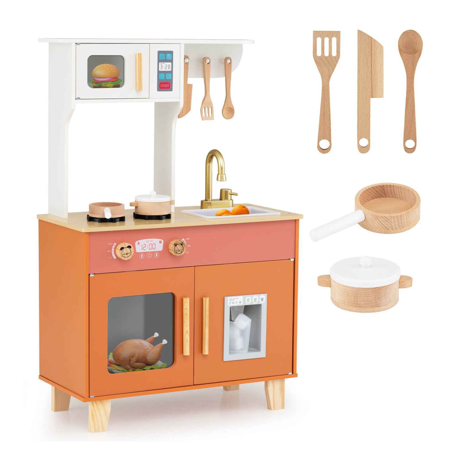 Baby Joy Wooden Kitchen Playset with Microwave, Stoves and Ice Dispenser, Orange