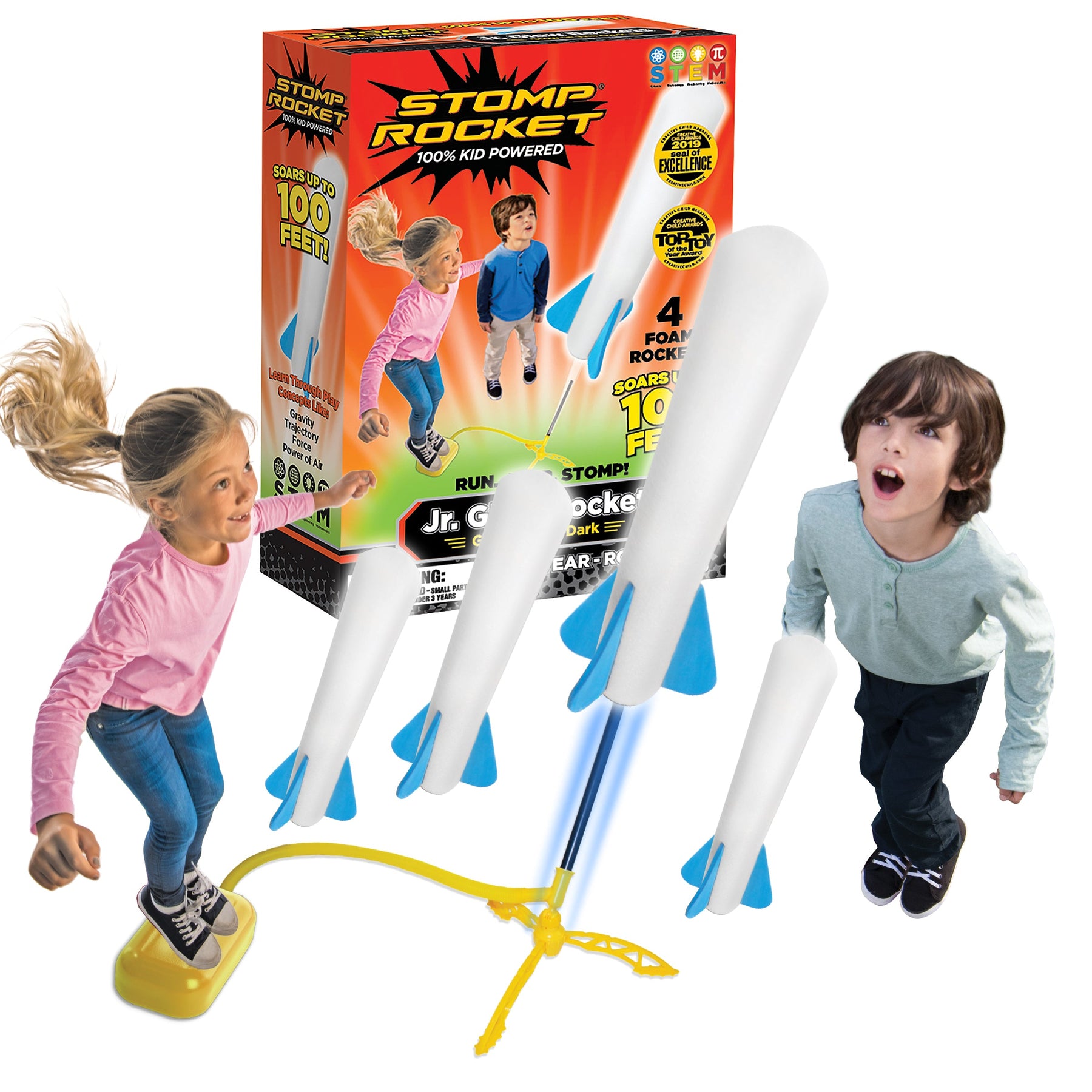 4pc Stomp Rocket Jr Glow Kid-Powered Glow-In-The-Dark Rockets Outdoor Toy