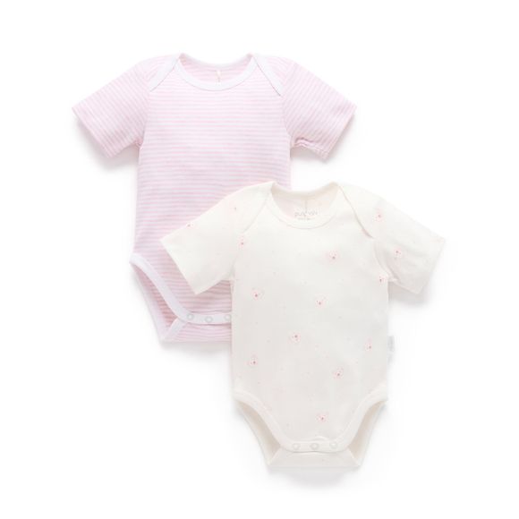 Purebaby 2 Pack Easy Neck Shortsleeve Bodysuit - Pale Pink Bear Pack