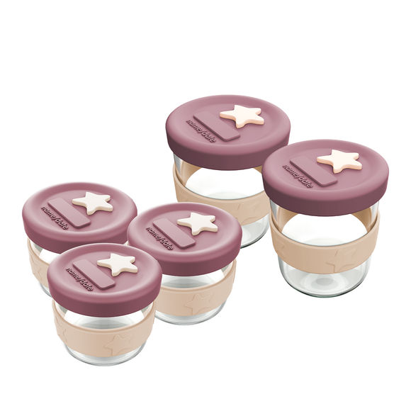 Cherub Baby Silicone & Glass Baby Food Storage Bundle 5PK 180ml & 120ml - Dusty Rose & Sand