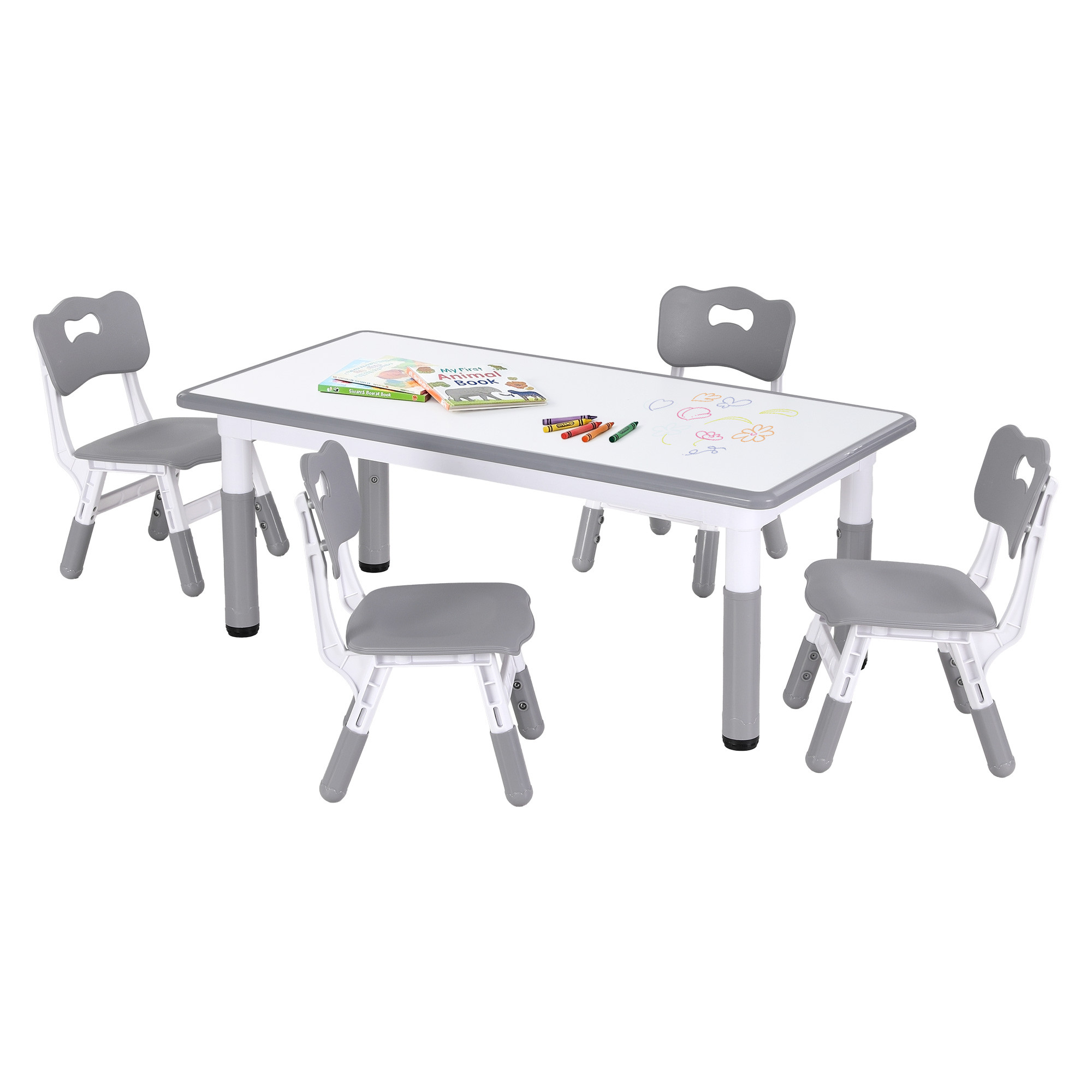 Keezi Kids Table and 4 Chairs Set with Graffiti Desktop, Grey