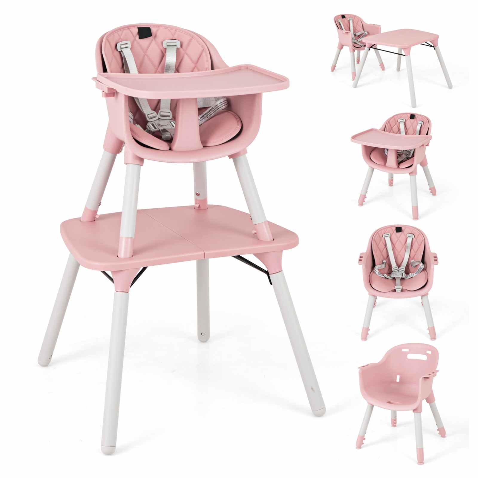 Baby Joy 5-in-1 Convertible Highchair with Security Harness, Pink