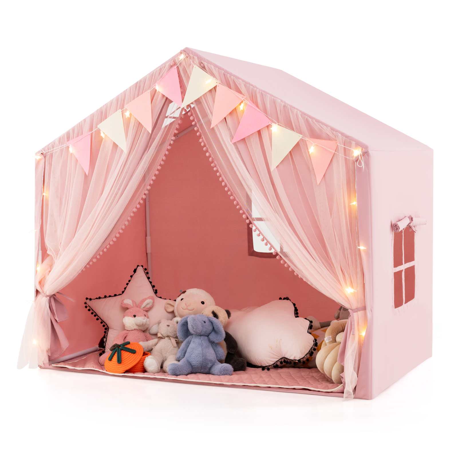 Baby Joy Indoor Washable Teepee Tent with Star Lights & Colorful Flags, Pink