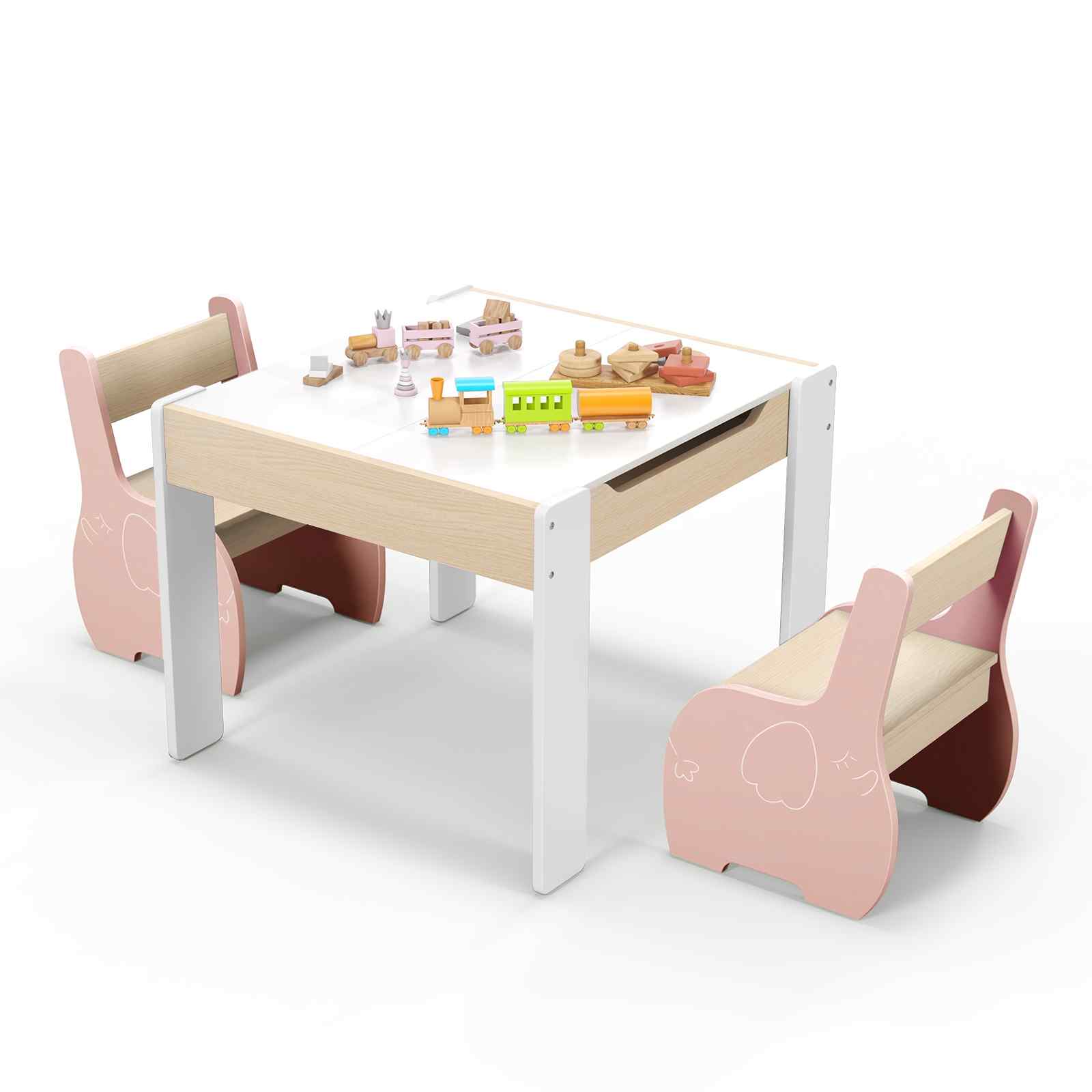 Baby Joy 4-in-1 Wooden Table & Chair Set with Detachable Blackboard - Pink