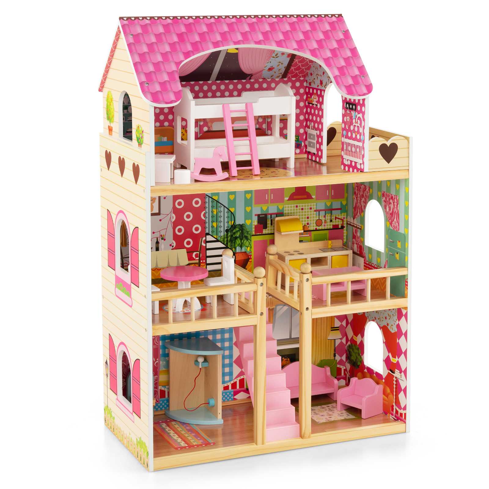 Baby Joy 3-Story Pretend Play Wooden Dollhouse with 6 Rooms & 15 Furniture Accessories