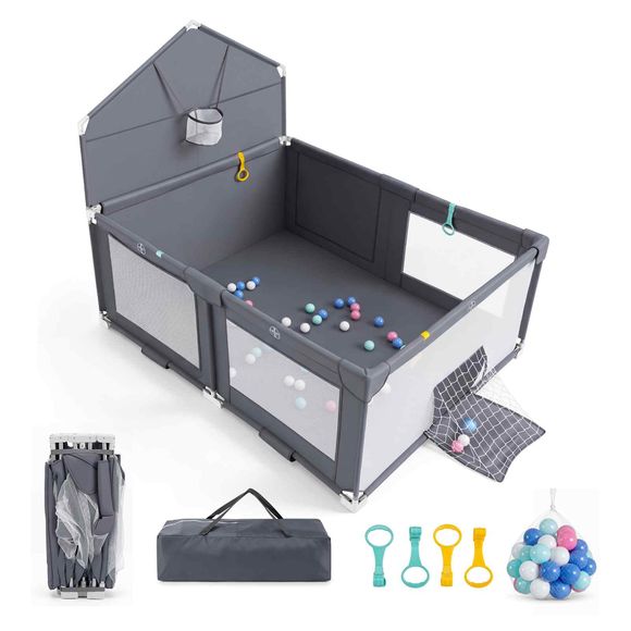Baby Joy Foldable Playpen with Basketball Hoop and Soccer Goal with 50 Ocean Balls