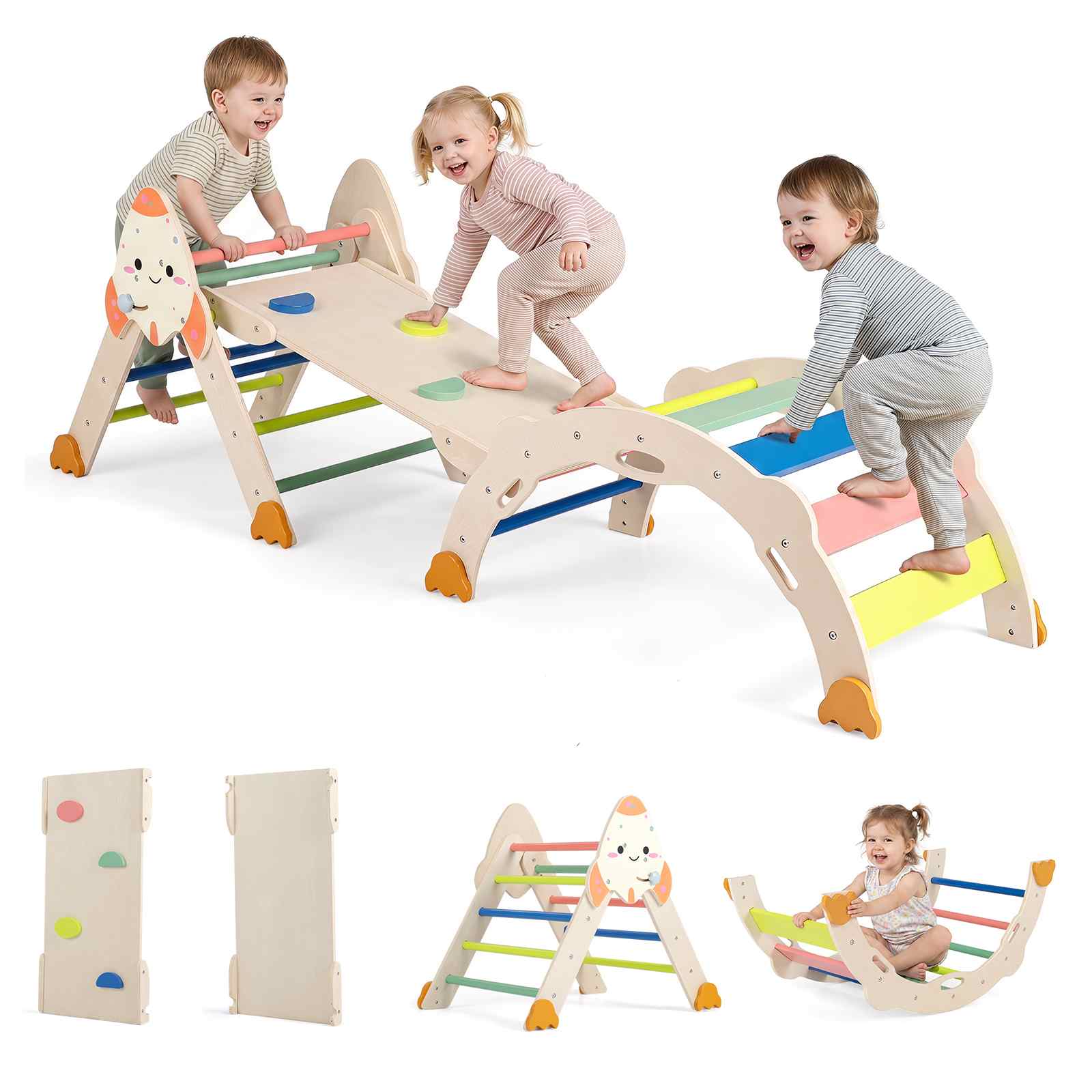 Baby Joy 3-in-1 Wooden Climbing Playset with Slide - Multi