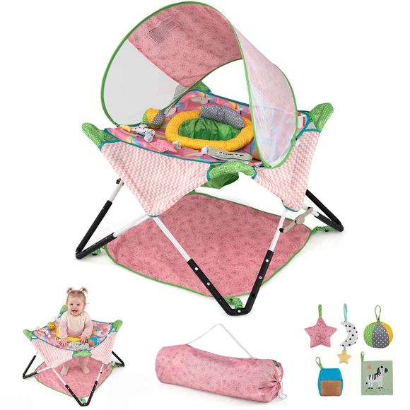 Baby Joy Foldable Baby Jumper Chair with Activity Center, Adjustable Canopy, 5 Toys & Carry Bag - Pink
