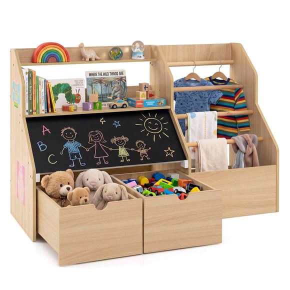Baby Joy Kids Storage Cabinet with Bookshelf, Blackboard, Open Shelves, 5 Hanging Rods & 2 Movable Drawers - Natural