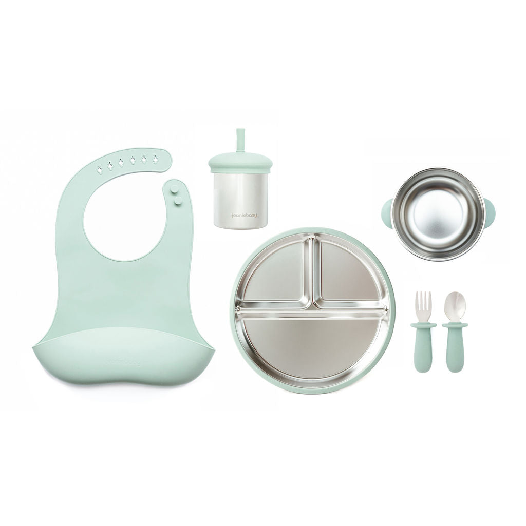 Jeanie Baby, Complete Feeding Bundle, Sage Green, Sectioned Plate